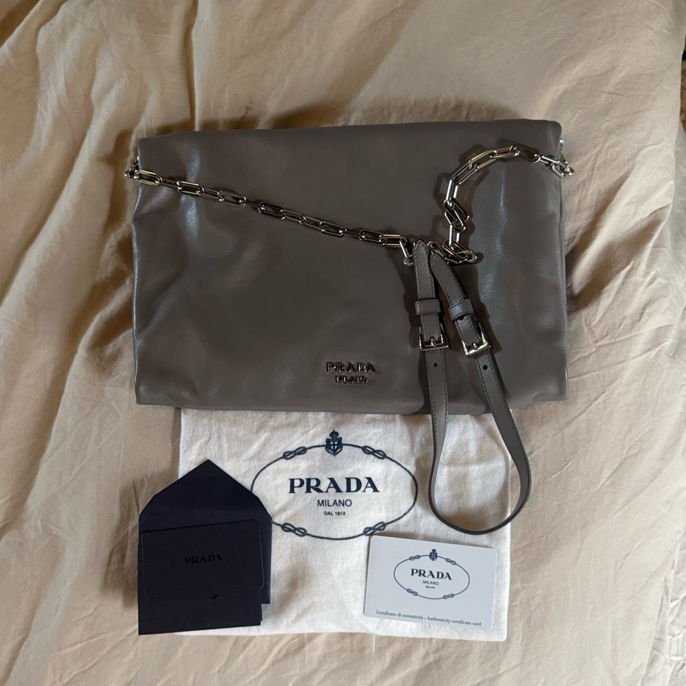 Prada-  Shoulder Bag Clutch with Silver Chain Strap - Grey Calfskin Leather